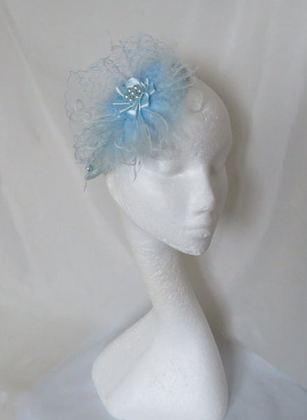 Pale Baby Powder Blue Vintage Style Fluff Feather Veil Fascinator Headpiece Hatinator Wedding Bride Ascot - Ready Made