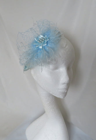 Pale Baby Powder Blue Vintage Style Fluff Feather Veil Fascinator Headpiece Hatinator Wedding Bride Ascot - Ready Made