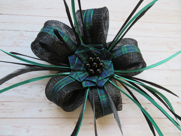 Black and Dark Green Tartan Lily Fascinator Brooch and Shoe Clip Set