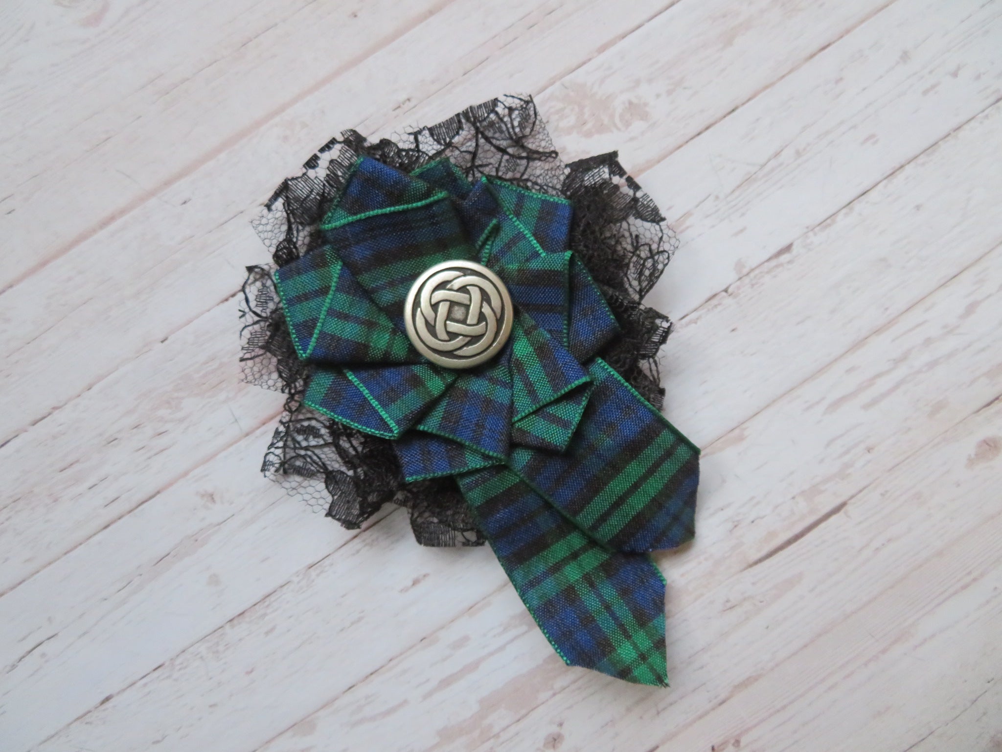 Black Watch Tartan and Lace Shabby Chic Brooch