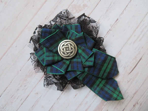 Black Watch Tartan and Lace Shabby Chic Brooch