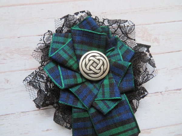 Black Watch Tartan and Lace Shabby Chic Brooch