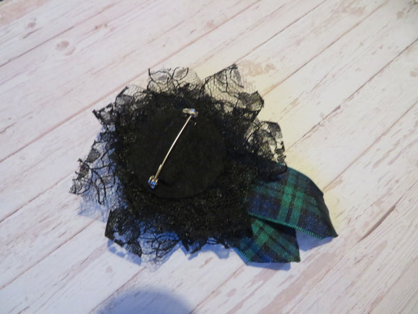 Black Watch Tartan and Lace Shabby Chic Brooch