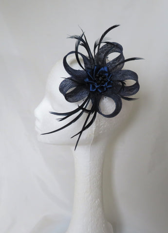 Navy Blue Lily Feather Sinamay Loop Clip In Fascinator 