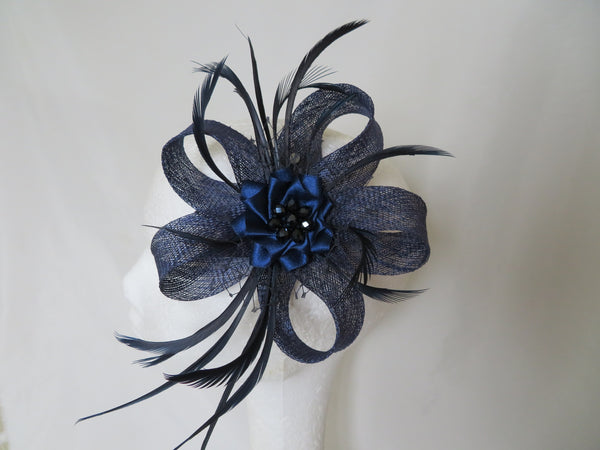 Navy Blue Lily Feather Sinamay Loop Clip In Fascinator 
