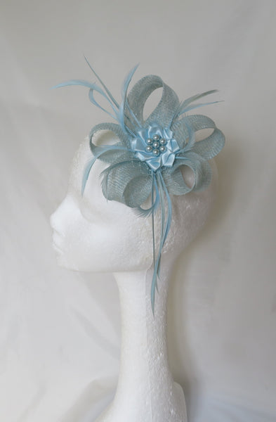 Pale Baby Blue Sinamay Fascinator Loop Pearl Long Feather Headpiece Clip Wedding - Ready Made