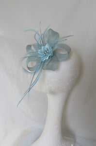 Pale Baby Blue Sinamay Fascinator Loop Pearl Long Feather Headpiece Clip Wedding - Ready Made
