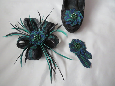 Black and Dark Green Tartan Lily Fascinator Brooch and Shoe Clip Set