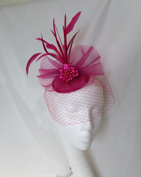 Raspberry Pink Fascinator Veiled Vintage Style Crinoline Bow Feather Plume & Pearl Wedding Headpiece Mini Hat -Made to Order