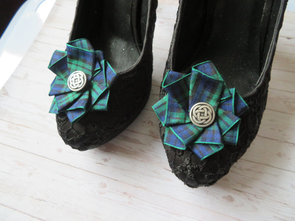 Black Watch Tartan Celtic Button Shoe Clips