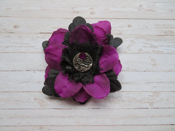 Amethyst Purple & Black Rose Flower Steampunk Brooch Corsage Buttonhole Wedding Gift