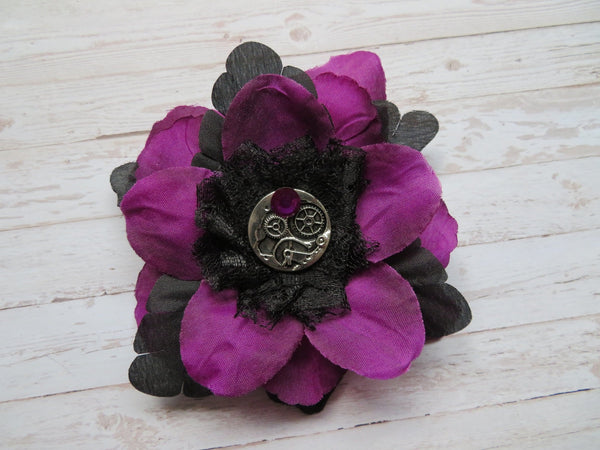 Amethyst Purple & Black Steampunk Rose Brooch