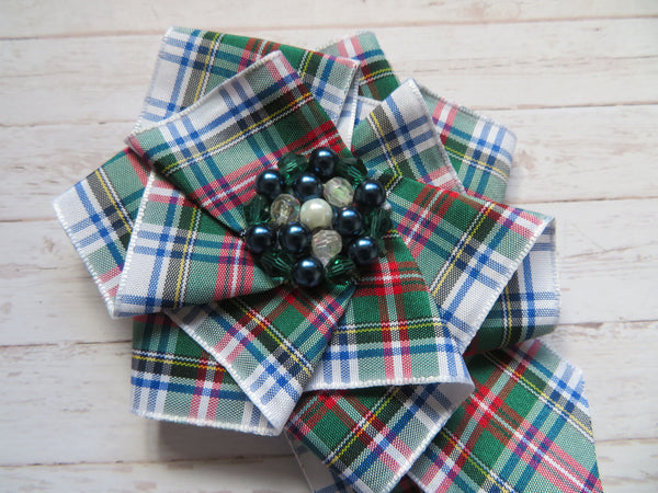 Large Tartan Ruffle Rosette Brooch Pin/ Clip - Made to Order