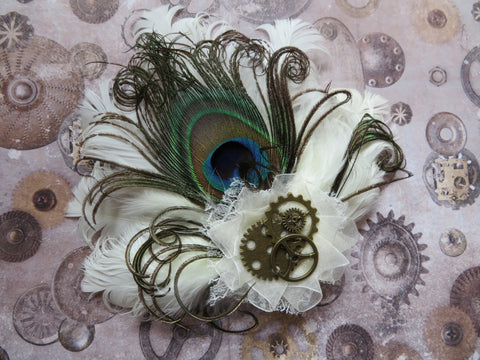 Cream Ivory Peacock Feather Cogs Steampunk Bridal Hair Clip Fascinator Wedding