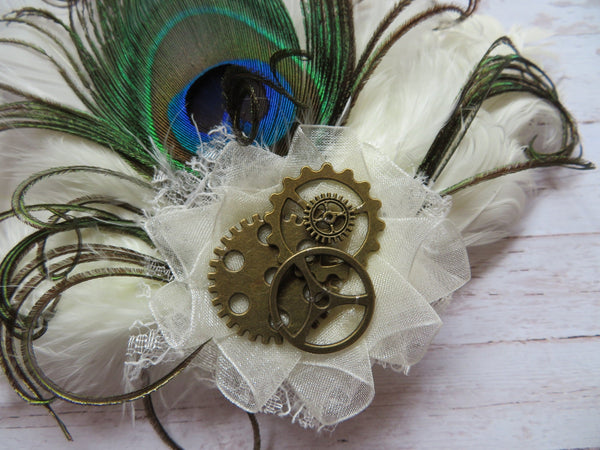 Cream Ivory Peacock Feather Cogs Steampunk Bridal Hair Clip Fascinator Wedding