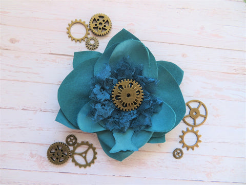 Teal Turquoise Blue Flower Steampunk Cog Brooch Corsage Buttonhole Wedding Gift