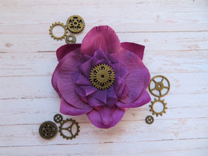 Amethyst Purple Plum Flower Steampunk Cog Brooch Corsage Buttonhole Wedding Gift