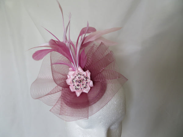 Plum Rose Pale Pink Feather Diamante Rhinestone Hat Wedding Percher Mini Hat