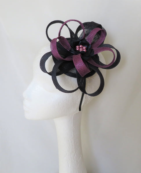 Navy and Amethyst Purple Sinamay Loop Wedding Fascinator Mini Hat - Mauve Lilac Midnight Blue - Made to Order