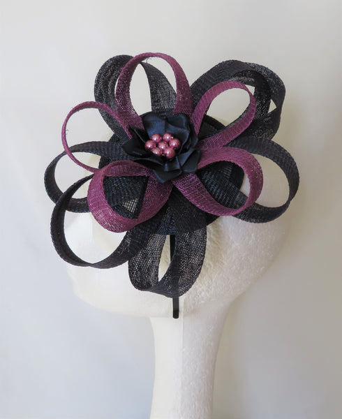 Navy and Amethyst Purple Sinamay Loop Wedding Fascinator Mini Hat - Mauve Lilac Midnight Blue - Made to Order