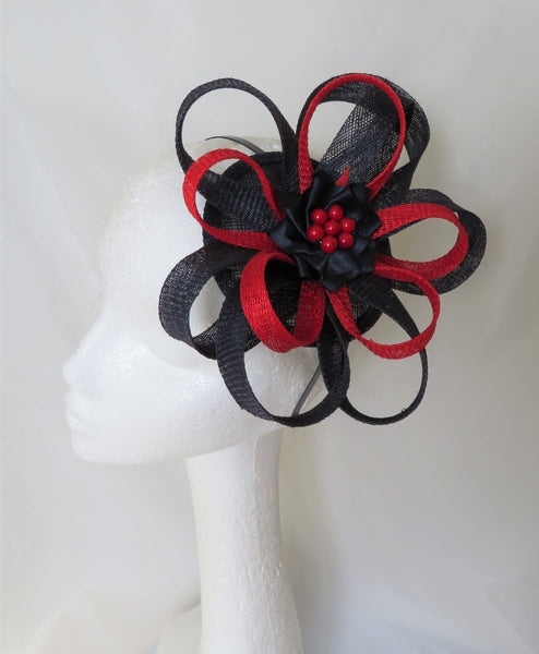Navy and Scarlet Red Sinamay Loop Wedding Fascinator Mini Hat - Poppy Burgundy Midnight Blue - Made to Order