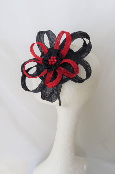 Navy and Scarlet Red Sinamay Loop Wedding Fascinator Mini Hat - Poppy Burgundy Midnight Blue - Made to Order