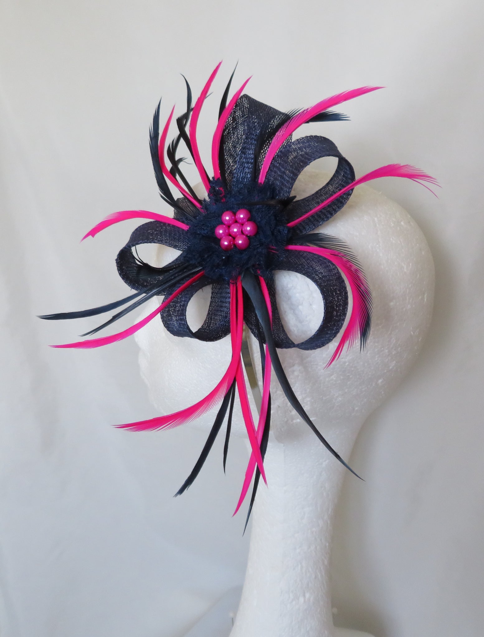 Navy Blue and Bright Fuchsia Pink Sinamay Loop Fascinator Mini Hat Headpiece Wedding Races Ladies Day - Made to Order
