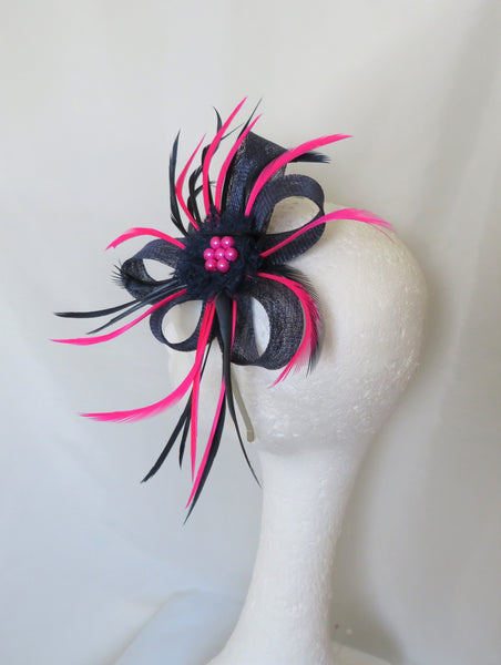Navy Blue and Bright Fuchsia Pink Sinamay Loop Fascinator Mini Hat Headpiece Wedding Races Ladies Day - Made to Order