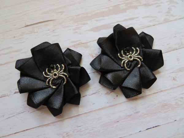 Black Spider Shoe Clips Small Gothic Charm Satin Ruffle Shoeclips with Silver Spider Wedding Halloween - Made to Order