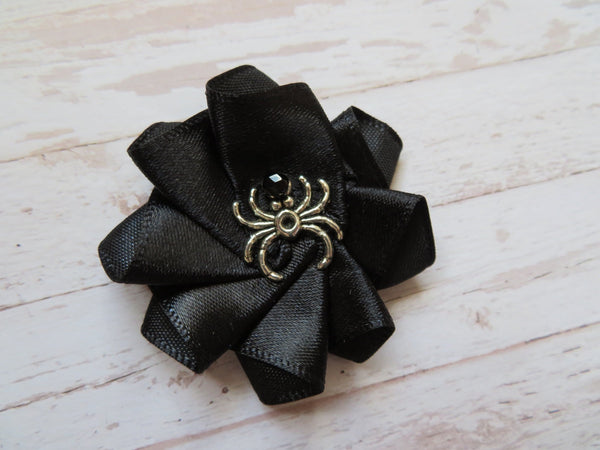 Black Spider Shoe Clips Small Gothic Charm Satin Ruffle Shoeclips with Silver Spider Wedding Halloween - Made to Order