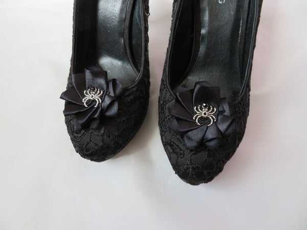 Black Spider Shoe Clips Small Gothic Charm Satin Ruffle Shoeclips with Silver Spider Wedding Halloween - Made to Order