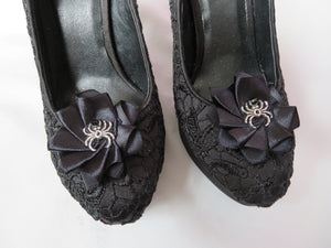 Black Spider Shoe Clips Small Gothic Charm Satin Ruffle Shoeclips with Silver Spider Wedding Halloween - Made to Order