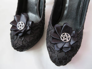 Black Pentagram Shoe Clips Small Gothic Charm Satin Ruffle Shoeclips with Silver Pentagrams Witch Magic Wedding Halloween - Made to Order