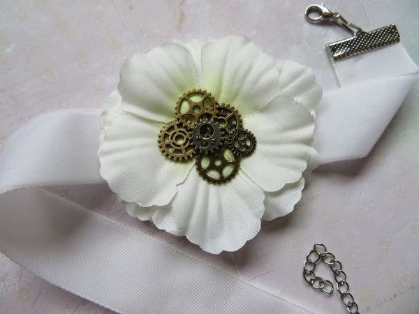 Ivory Steampunk Choker Vintage Collar Necklace with Flower and Brass Cogs Victorian Alternative Wedding - Ready Made