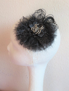 Black Spider Hair Clip with Feathers Cobweb Tulle Fascinator Bridal Brides Headpiece Goth Wedding Halloween - Ready Made