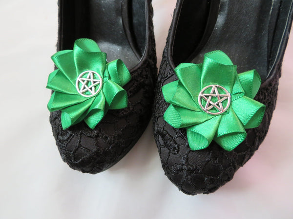 Emerald Green Pentagram Witch Gothic Satin Ruffle Shoe Clips - Wedding Halloween