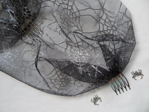 Black and Silver Cobweb Veil Tulle Mesh Birdcage Bandeau Wedding Bridal Brides Veil Combs -Gothic Goth Halloween Widow Spider - Ready Made