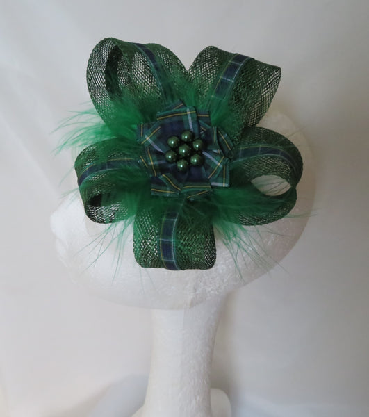 Dark Green Fascinator Sinamay Loop with Campbell Tartan Mini Hair Clip Headpiece with Emerald Feathers - Scottish Burns Night - Ready Made