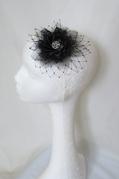 Black Lace Silver Pentagram Hair Clip Gothic Witch Halloween Wedding Fascinator