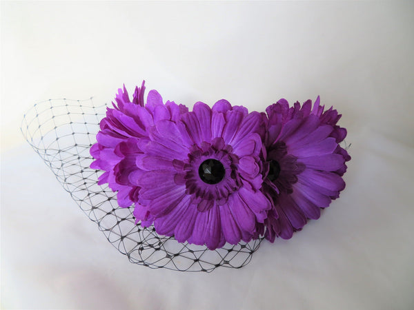Ultraviolet Purple Daisy & Black Veil Flower Crown Retro Headband Gothic Goth