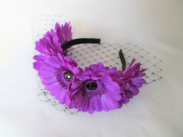 Ultraviolet Purple Daisy & Black Veil Flower Crown Retro Headband Gothic Goth