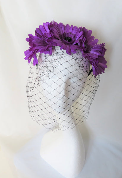 Ultraviolet Purple Daisy & Black Veil Flower Crown Retro Headband Gothic Goth