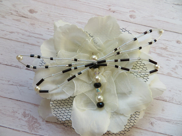 Ivory & Black Bead Crystal Dragonfly Bridal Brooch Corsage Buttonhole Wedding