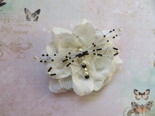 Ivory & Black Bead Crystal Dragonfly Bridal Brooch Corsage Buttonhole Wedding