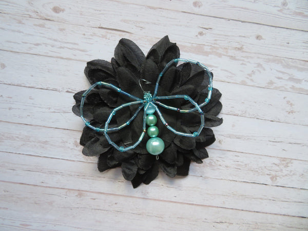 Black & Pale Aqua Crystal Butterfly Gothic Brooch Corsage Wedding Halloween Gift