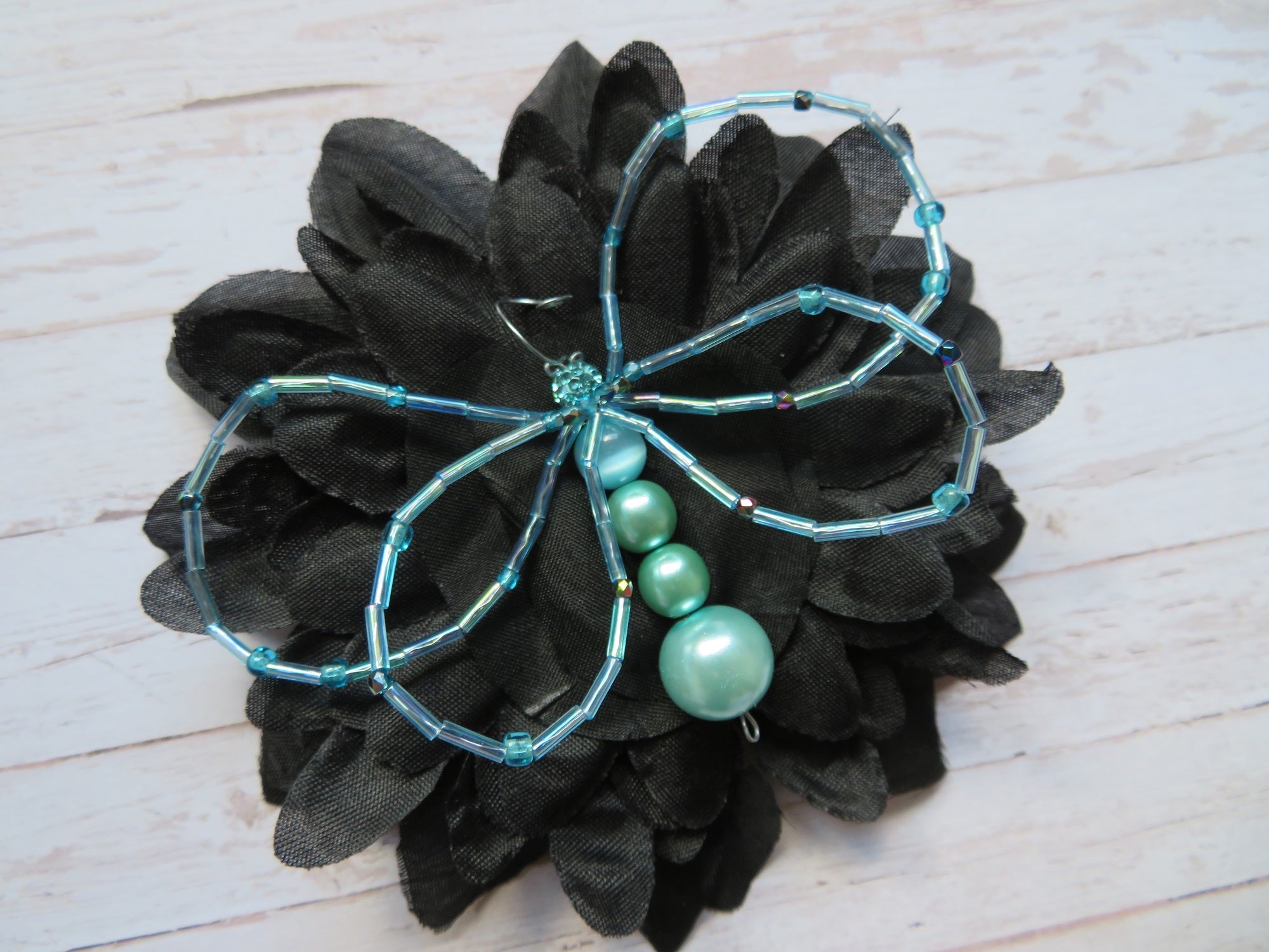 Black & Pale Aqua Crystal Butterfly Gothic Brooch Corsage Wedding Halloween Gift