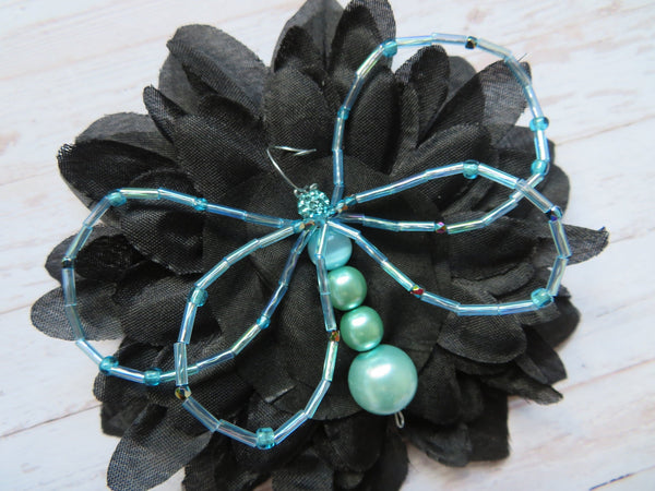 Black & Pale Aqua Crystal Butterfly Gothic Brooch Corsage Wedding Halloween Gift