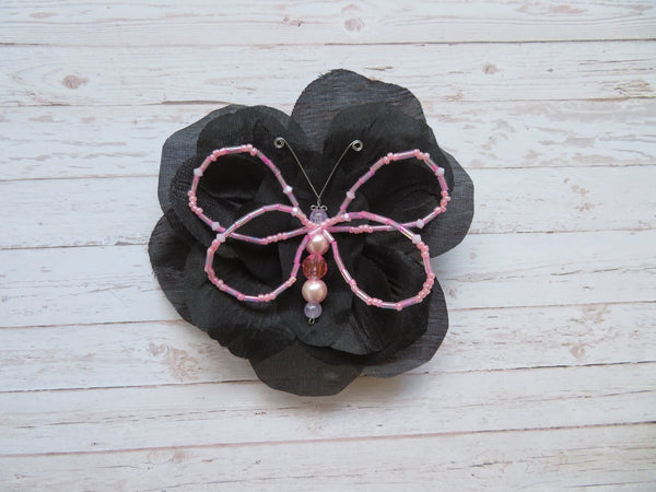 Black & Pale Pink Crystal Butterfly Gothic Brooch Corsage Wedding Halloween Gift
