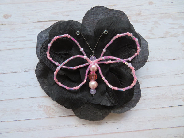 Black & Pale Pink Crystal Butterfly Gothic Brooch Corsage Wedding Halloween Gift