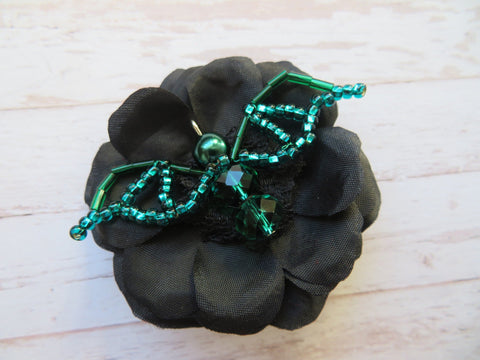 Black & Emerald Green Bead Crystal Bat Gothic Halloween Brooch Gift Goth Wedding
